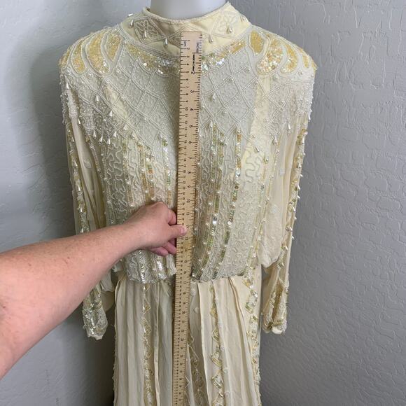 VTG Oleg Cassini Edwardian Silk Dress Wedding Ball Gown Glass Beaded Victorian - Picture 8 of 16